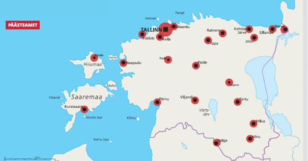 Eesti kaart, kus tähistatud kõik ohusireenide asukohad punase ringiga: Ahtme, Haapsalu, Jõgeva, Jõhvi, Keila, Kohtla-Järve, Kuressaare, Kärdla, Maardu, Narva, Paide, Paldiski, Pärnu, Põlva, Rakvere, Rapla, Sillamäe, Tallinn ja selle lähiümbruse tiheasustusalad (sh Tabasalu, Harkujärve piirkond, Saue ja Laagri, Peetri alevik, Saku, Viimsi vald), Tapa, Tartu, Valga, Viljandi, Võru.  