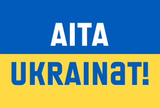 Sinikollane lipp tekstiga "Aita Ukrainat!"